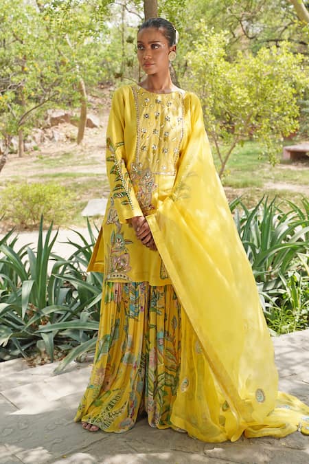 Soniya G Yellow Silk, Crepe Beads Round Neck Embroidered Kurta Palazzo Set 