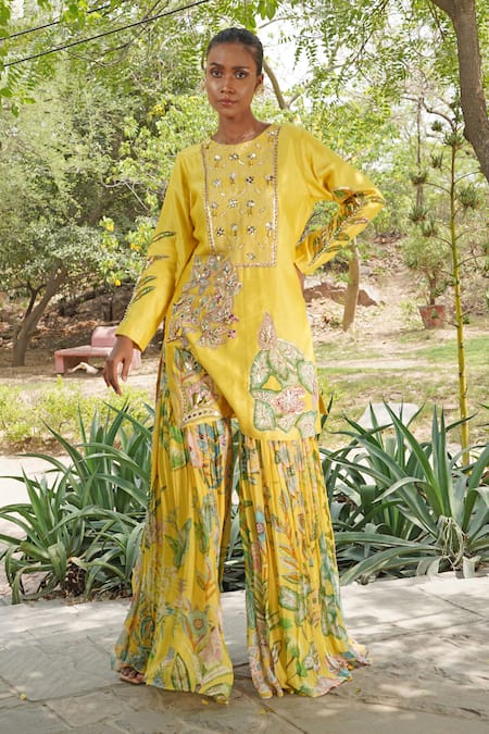 Buy_Soniya G_Yellow Silk, Crepe Beads Round Neck Embroidered Kurta Palazzo Set 