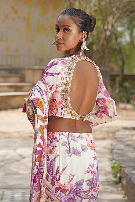 Soniya G_Off White Georgette, Crepe, Chiffon Tassels, Floral Print Pre-draped Saree Set _Online_at_Aza_Fashions