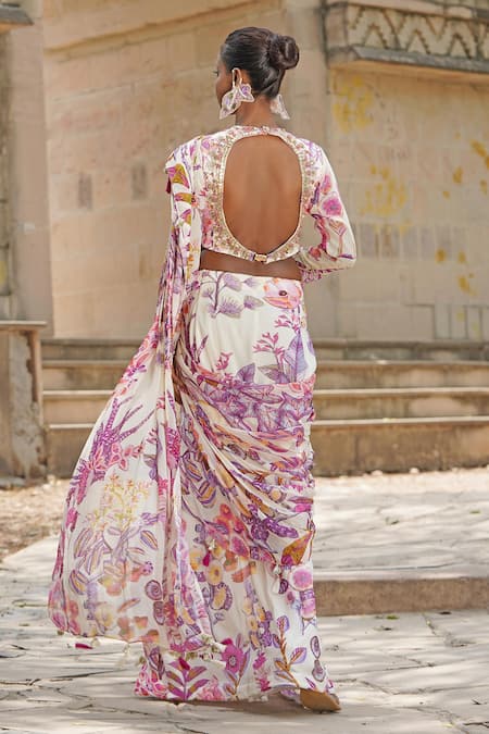 Soniya G Floral Print Pre-Draped Saree Set 