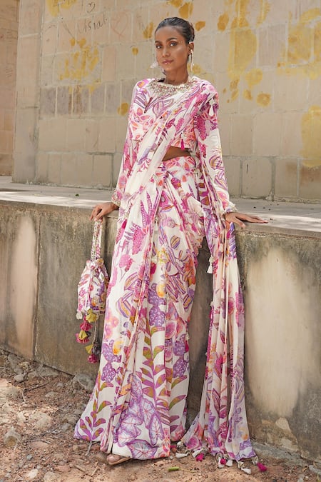 Shop_Soniya G_Off White Georgette, Crepe, Chiffon Tassels, Floral Print Pre-draped Saree Set _Online_at_Aza_Fashions