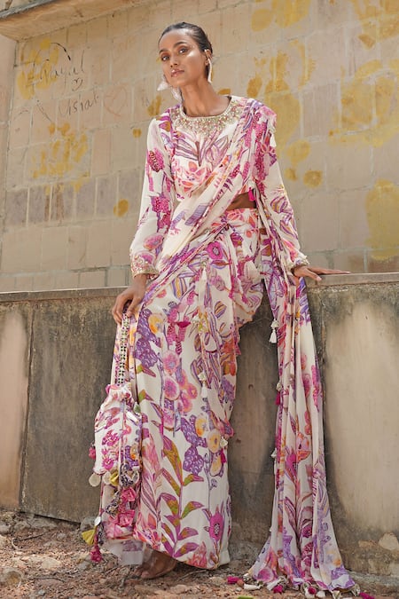 Soniya G_Off White Georgette, Crepe, Chiffon Tassels, Floral Print Pre-draped Saree Set _at_Aza_Fashions