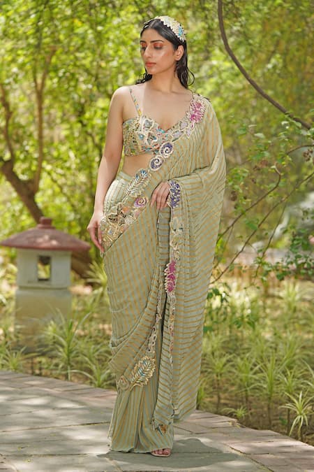 Soniya G Green Georgette, Chiffon Embroidery, Sequins Sage Pre-draped Saree And Blouse Set 