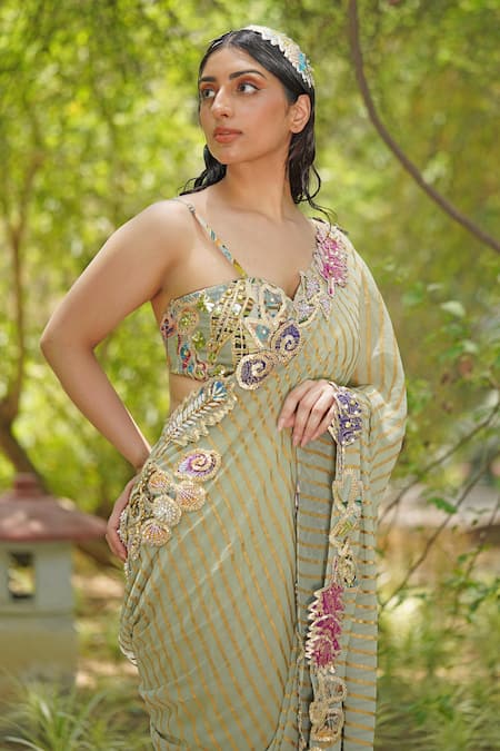 Soniya G_Green Georgette, Chiffon Embroidery, Sequins Sage Pre-draped Saree And Blouse Set _Online_at_Aza_Fashions