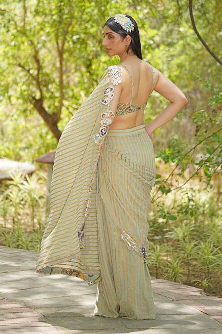 Soniya G Sage Green Pre-Draped Saree & Blouse Set 