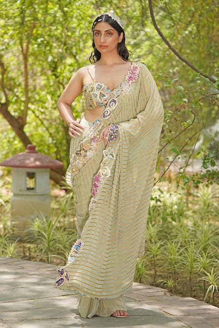 Buy_Soniya G_Green Georgette, Chiffon Embroidery, Sequins Sage Pre-draped Saree And Blouse Set _Online_at_Aza_Fashions