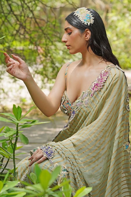 Shop_Soniya G_Green Georgette, Chiffon Embroidery, Sequins Sage Pre-draped Saree And Blouse Set _Online_at_Aza_Fashions