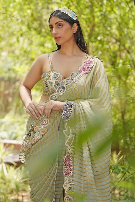 Buy_Soniya G_Green Georgette, Chiffon Embroidery, Sequins Sage Pre-draped Saree And Blouse Set 