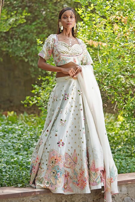 Soniya G Green Georgette, Organza, Silk Embroidery, Sequins Light Pastel Lehenga Set 