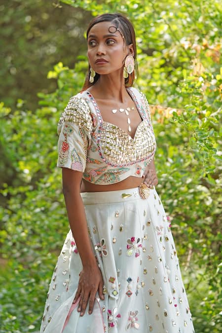 Shop_Soniya G_Green Georgette, Organza, Silk Embroidery, Sequins Light Pastel Lehenga Set _Online_at_Aza_Fashions