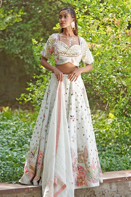 Soniya G_Green Georgette, Organza, Silk Embroidery, Sequins Light Pastel Lehenga Set _at_Aza_Fashions