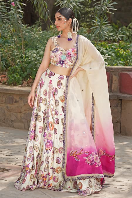 Buy_Soniya G_Ivory Sequins, Beads, Embroidery Sweetheart Neck Designer Lehenga Set _Online_at_Aza_Fashions