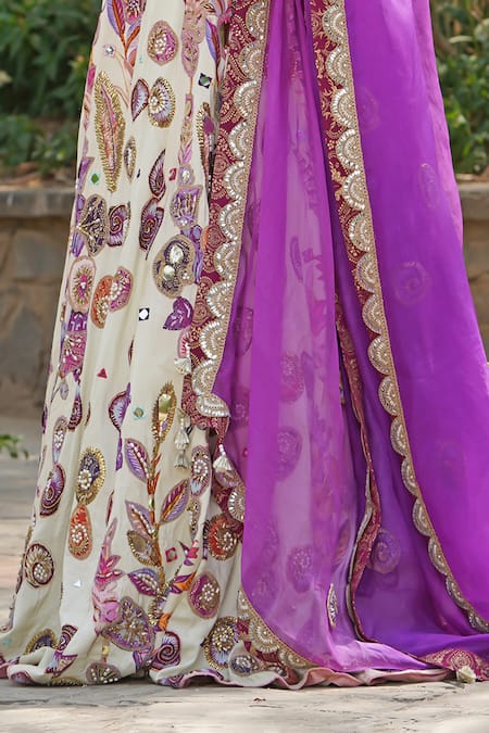 Soniya G_Ivory Georgette Sequins, Embroidery Round Neck Floral Lehenga Set _Online_at_Aza_Fashions