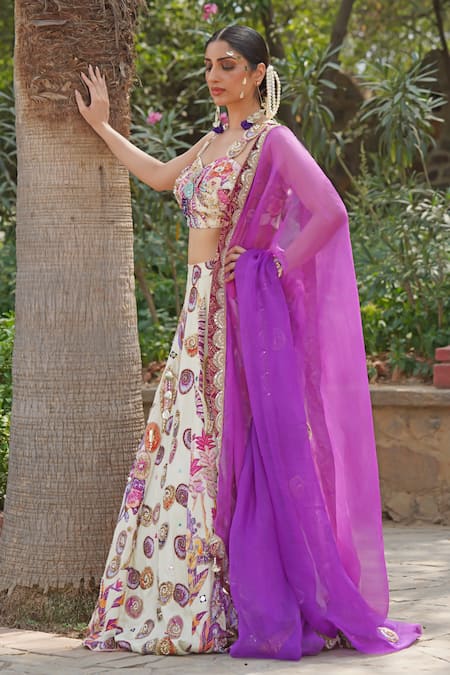 Soniya G_Ivory Georgette Sequins, Embroidery Round Neck Floral Lehenga Set _at_Aza_Fashions