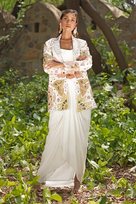 Shop_Soniya G_Ivory Embroidery Round Neck Embellished Draped Skirt And Blazer Set _Online_at_Aza_Fashions