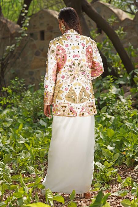 Soniya G Embellished Ivory Draped Skirt & Blazer Set 