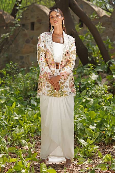 Soniya G_Ivory Embroidery Round Neck Embellished Draped Skirt And Blazer Set _at_Aza_Fashions