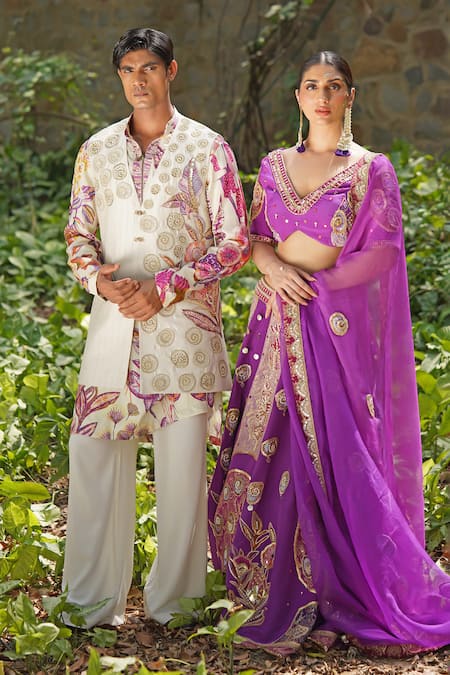 Soniya G_Purple Sequins, Embroidery V-neck Royal Silk Blend Lehenga Set _at_Aza_Fashions