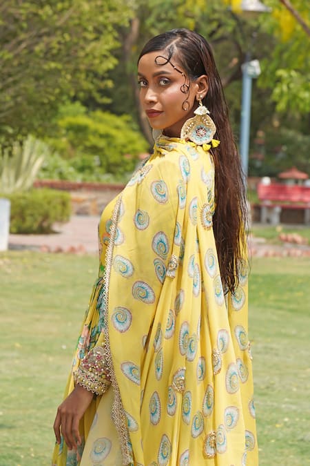 Soniya G_Yellow Sequins, Embroidery Round Neck Floral Print Anarakali With Dupatta _Online_at_Aza_Fashions
