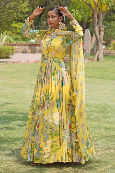 Buy_Soniya G_Yellow Sequins, Embroidery Round Neck Floral Print Anarakali With Dupatta _Online_at_Aza_Fashions