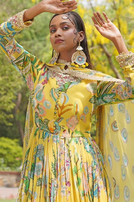 Shop_Soniya G_Yellow Sequins, Embroidery Round Neck Floral Print Anarakali With Dupatta _Online_at_Aza_Fashions
