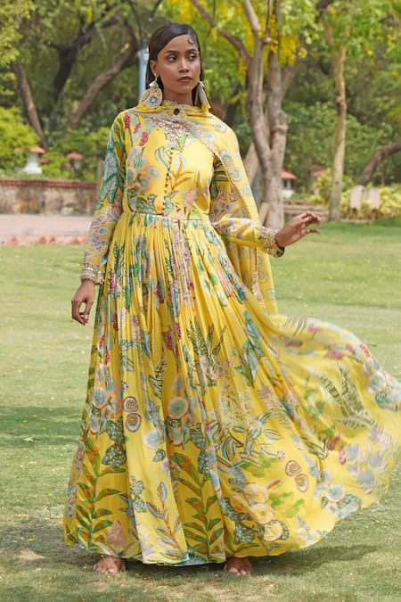 Soniya G_Yellow Sequins, Embroidery Round Neck Floral Print Anarakali With Dupatta _at_Aza_Fashions