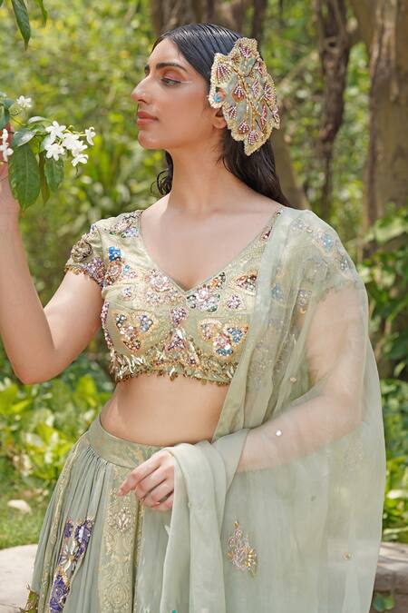 Soniya G_Blue Crepe, Silk Embroidery Round Neck Pastel Threadwork Lehenga Set _Online_at_Aza_Fashions