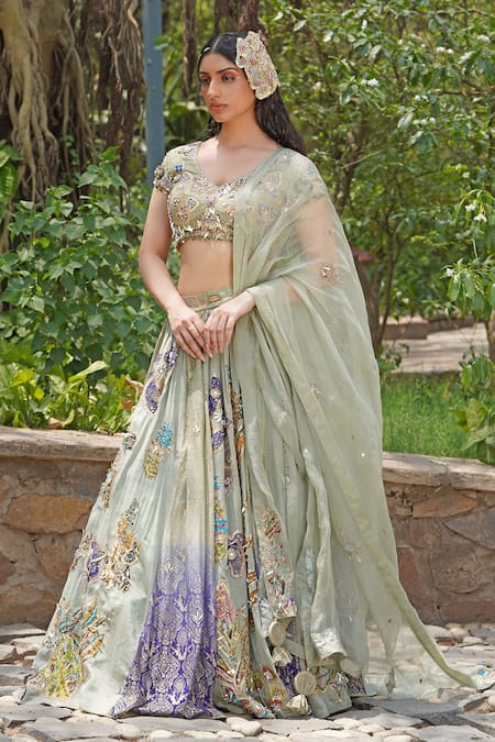 Buy_Soniya G_Blue Crepe, Silk Embroidery Round Neck Pastel Threadwork Lehenga Set _Online_at_Aza_Fashions