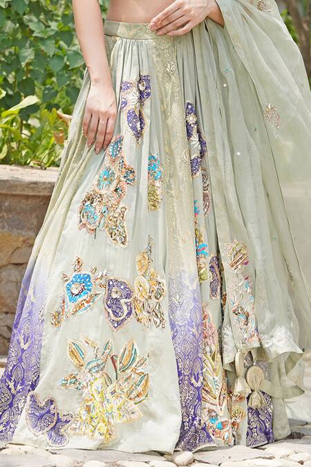 Shop Soniya G Blue Crepe, Silk Embroidery Round Neck Pastel Threadwork Lehenga Set Online at Aza Fashions Shop_Soniya G_Blue Crepe, Silk Embroidery Round Neck Pastel Threadwork Lehenga Set _Online_at_Aza_Fashions