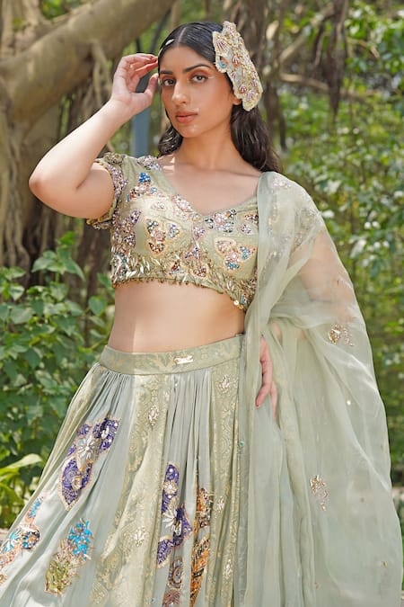 Soniya G_Blue Crepe, Silk Embroidery Round Neck Pastel Threadwork Lehenga Set _at_Aza_Fashions