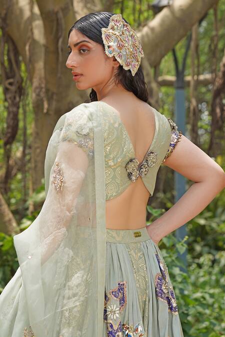 Buy_Soniya G_Blue Crepe, Silk Embroidery Round Neck Pastel Threadwork Lehenga Set 