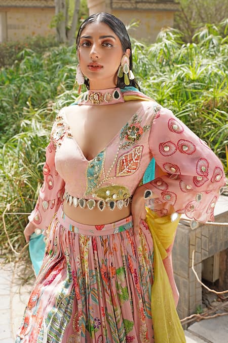 Soniya G_Blush Silk, Organza, Georgette Sequins, Mirrors, Beads Floral Print Lehenga Set _Online_at_Aza_Fashions
