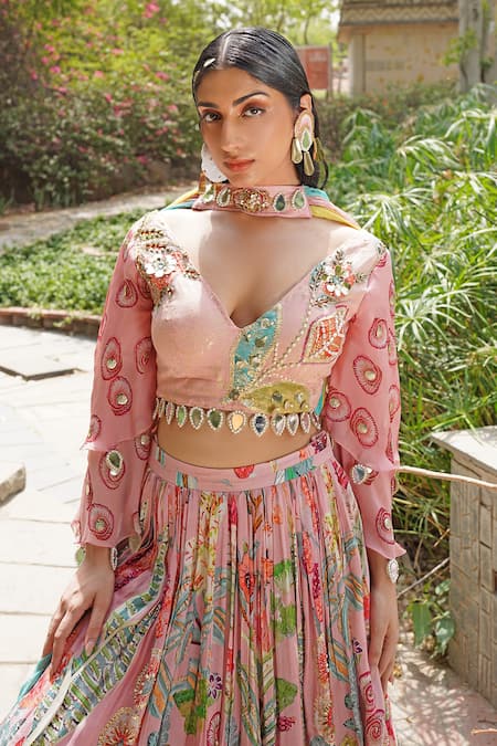 Buy_Soniya G_Blush Silk, Organza, Georgette Sequins, Mirrors, Beads Floral Print Lehenga Set _Online_at_Aza_Fashions