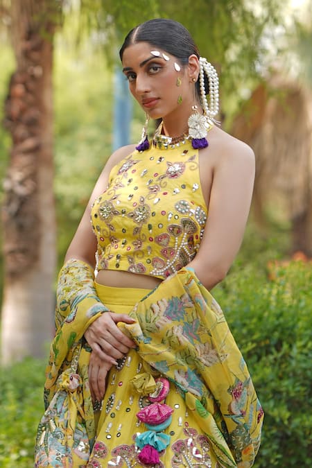 Buy_Soniya G_Yellow Organza, Silk, Georgette Sequins, Tassels, Embroidery Halter Lehenga Set _Online_at_Aza_Fashions