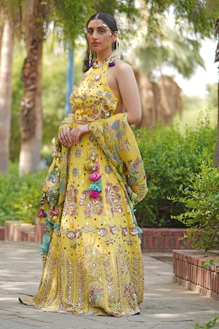 Shop_Soniya G_Yellow Organza, Silk, Georgette Sequins, Tassels, Embroidery Halter Lehenga Set _Online_at_Aza_Fashions