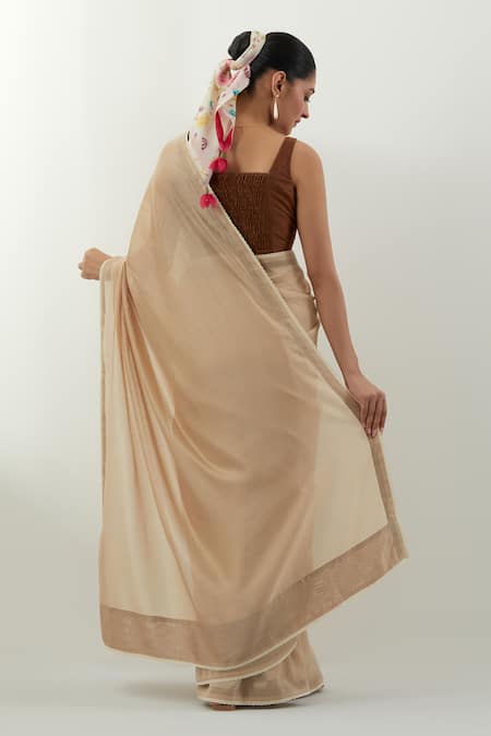 Shop Vinusto Beige Chanderi Lace, Smocking Square Neck Handwoven Saree Set at Aza Fashions Shop_Vinusto_Beige Chanderi Lace, Smocking Square Neck Handwoven Saree Set _at_Aza_Fashions