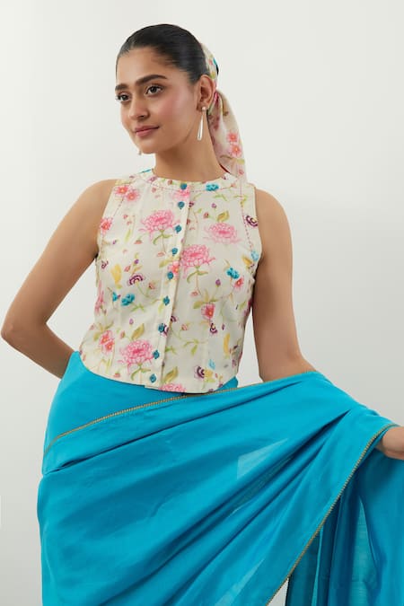 Buy_Vinusto_Turquoise Chanderi Round Neck Multi Color Handwoven Saree Set _Online_at_Aza_Fashions