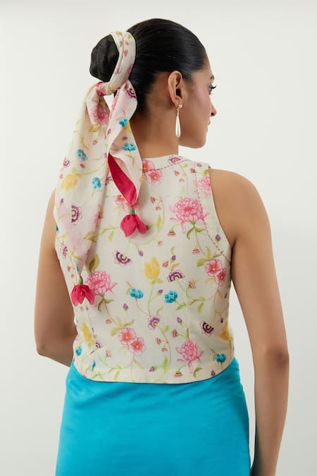 Shop_Vinusto_Turquoise Chanderi Round Neck Multi Color Handwoven Saree Set _Online_at_Aza_Fashions