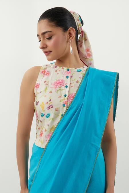 Vinusto_Turquoise Chanderi Round Neck Multi Color Handwoven Saree Set _at_Aza_Fashions