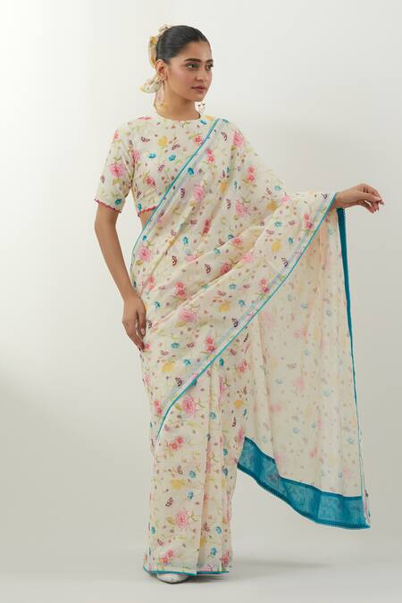 Vinusto_Cream Chanderi Embroidery Round Neck Floral Print Handwoven Saree Set _Online_at_Aza_Fashions