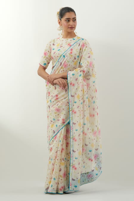 Vinusto Cream Chanderi Embroidery Round Neck Floral Print Handwoven Saree Set 