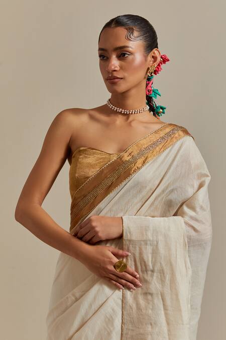 Buy Vinusto Ivory Chanderi Embroidery, Zari Sweetheart Neck Cut Dana Saree Set Buy_Vinusto_Ivory Chanderi Embroidery, Zari Sweetheart Neck Cut Dana Saree Set