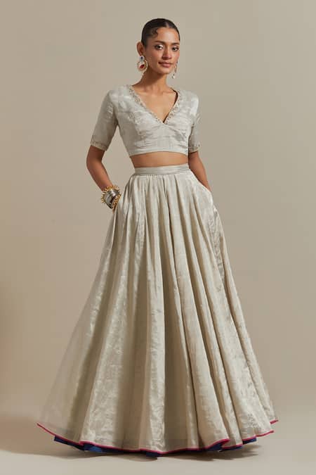 Buy_Vinusto_Silver Chanderi Embroidery, Lace V-neck And Hot Pink Designer Lehenga Set _Online_at_Aza_Fashions