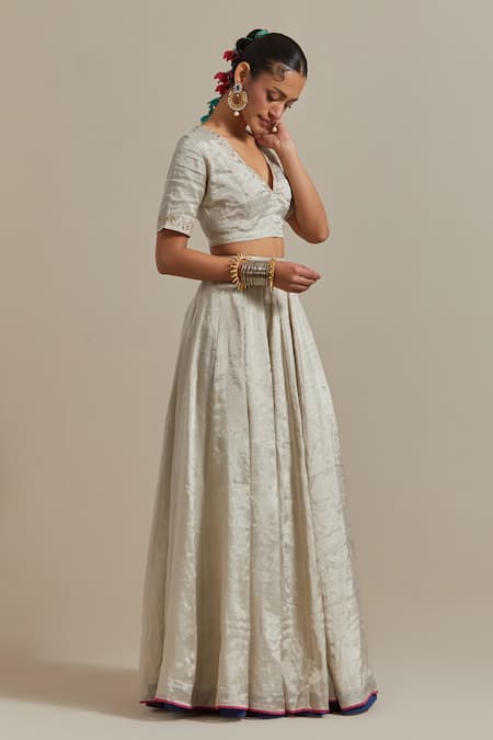 Shop_Vinusto_Silver Chanderi Embroidery, Lace V-neck And Hot Pink Designer Lehenga Set _Online_at_Aza_Fashions