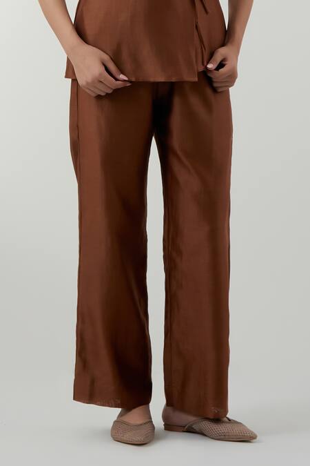 Buy Vinusto Brown Chanderi Embroidery V-neck Handwoven Top And Pant Set Online at Aza Fashions Buy_Vinusto_Brown Chanderi Embroidery V-neck Handwoven Top And Pant Set _Online_at_Aza_Fashions