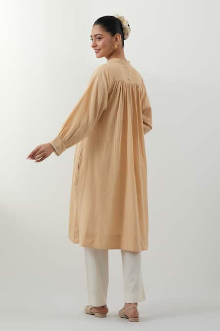 Shop Vinusto Beige Cotton Embroidery Mandarin Collar Hand Kurta And Pant Set at Aza Fashions Shop_Vinusto_Beige Cotton Embroidery Mandarin Collar Hand Kurta And Pant Set _at_Aza_Fashions
