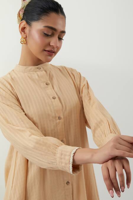 Shop Vinusto Beige Cotton Embroidery Mandarin Collar Hand Kurta And Pant Set Online at Aza Fashions Shop_Vinusto_Beige Cotton Embroidery Mandarin Collar Hand Kurta And Pant Set _Online_at_Aza_Fashions