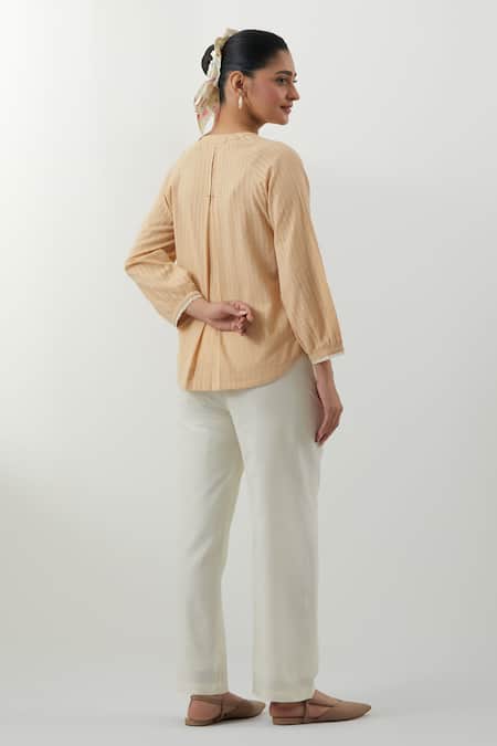 Shop Vinusto Beige Cotton Embroidery, Lace Round Neck Textured Shirt And Pant Set at Aza Fashions Shop_Vinusto_Beige Cotton Embroidery, Lace Round Neck Textured Shirt And Pant Set _at_Aza_Fashions