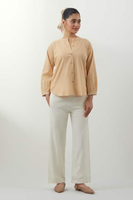Vinusto Beige Cotton Embroidery, Lace Round Neck Textured Shirt And Pant Set 