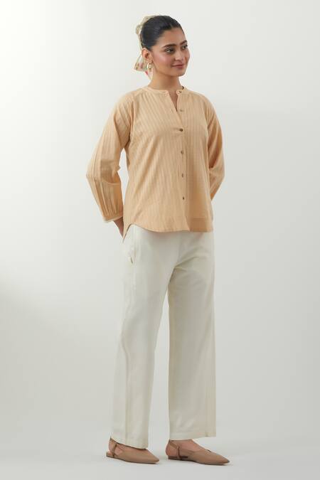 Vinusto Beige Cotton Embroidery, Lace Round Neck Textured Shirt And Pant Set Online at Aza Fashions Vinusto_Beige Cotton Embroidery, Lace Round Neck Textured Shirt And Pant Set _Online_at_Aza_Fashions